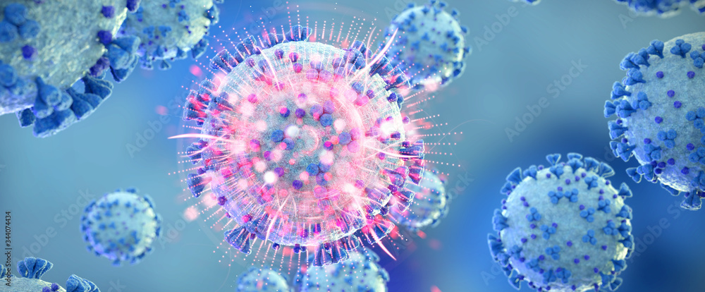 Poster microscopic close-up of the covid-19 disease. coronavirus illness spreading in body cell. 2019-ncov 