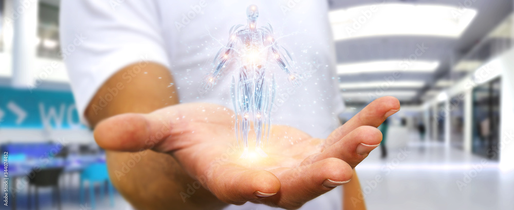 Poster man using digital x-ray human body holographic scan projection 3d rendering