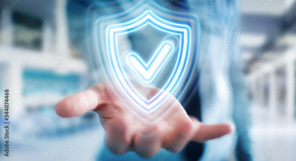 Aufkleber man using digital shield protection blue holographic interface 3d rendering