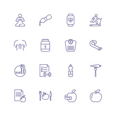 Fototapeta premium Losing weight concept. Set of line icons on white background. Dieting, fitness, training. Healthy lifestyle concept. can be used for topics like wellbeing, body care, sport