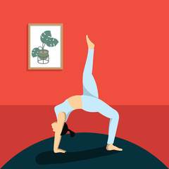 Woman practicing yoga in space, vector flat design