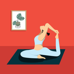 Woman practicing yoga in the living room, vector flat design