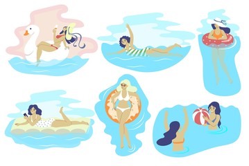 Swimming beach girls, vector flat isolated illustration