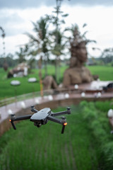 professional drone flying over ancient stone idol monument