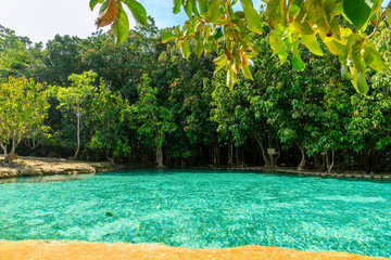 Beautiful crystal clear Emerald Pool, or Sa Morakot, famous natural swimming place and tourist destination in the Krabi, Thailand.