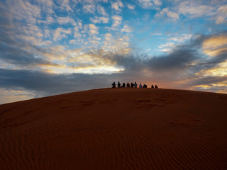 a group of people on a sand mountain in the desert enjoying the sunset
