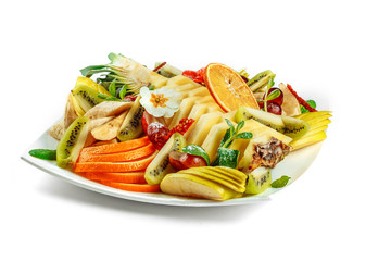 Sliced assorted fruits.
