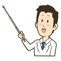 指示棒を持つ白衣の男性