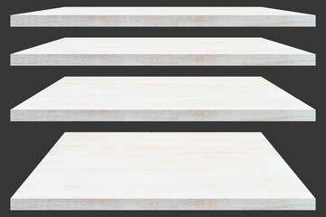 Vintage white washed wooden shelves isolated on grey background