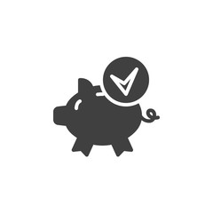Piggy bank and check mark vector icon. filled flat sign for mobile concept and web design. Investment approval glyph icon. Symbol, logo illustration. Vector graphics