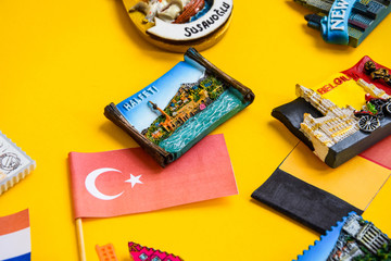 Turkey travel concept, turkish flag, magnets from Halfeti