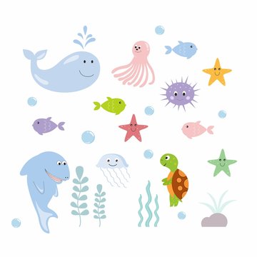 A set of children's illustrations of marine life. Hand drawn sea clipart. Design of children's books, posters, clothing, textiles, rooms.