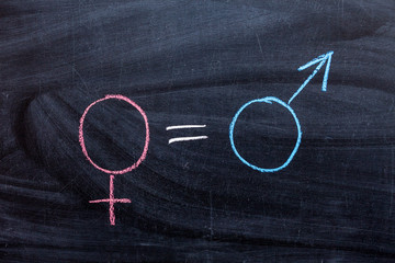 Fototapeta na wymiar Equal Pay for man and woman, a symbol of a man and a woman on a chalkboard