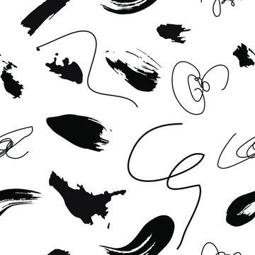 seamless pattern with black and white random marks. repeated pattern of scribbles brushstrokes and ink spots. vector hand-drawn abstract artistic background 