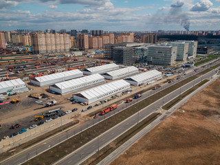 New buildings under construction at the Novomoskovsky multipurpose medical centre for patients with suspected COVID-19 coronavirus infection, in Kommunarka, Moscow, Russia on 28 April 2020