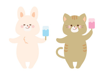 アイスを食べるうさぎと猫　セット