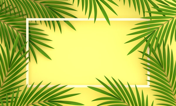 Tropical green palm leaves banners, template with square frame on yellow color, invitation card design, summer background, copy space text area, 3D rendering illustration.