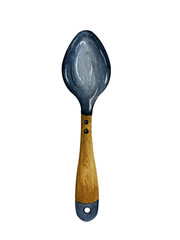 hand drawn watercolor one isolated metal spoon with wooden handle on a white background.