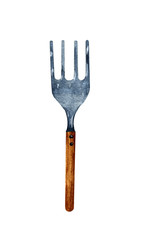 hand drawn watercolor one isolated metal fork with wooden handle on a white background.