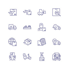 Fototapeta na wymiar Delivery line icon set. Courier, ship, truck. Shipment concept. Can be used for topics like cargo, mailing, postal service