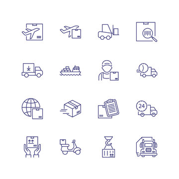 Delivery Line Icon Set. Courier, Ship, Truck. Shipment Concept. Can Be Used For Topics Like Cargo, Mailing, Postal Service