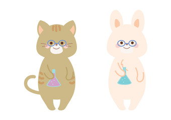 実験をする化学者のうさぎと猫