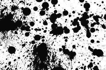 Grunge texture of the ink-splattered surface. Monochrome background of black blots, splashes, dots and streaks. Overlay template. Vector illustration