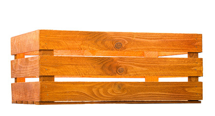 Empty wooden crate box isolated on white background.