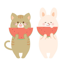 スイカを食べる猫とうさぎ　セット