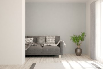 White living room with dark sofa. Scandinavian interior design. 3D illustration