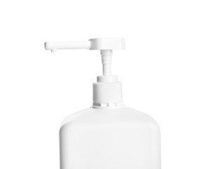 Fototapeta na wymiar Dispenser bottle with antiseptic gel isolated on white, closeup