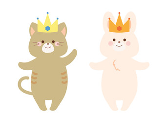 王冠をかぶった猫とうさぎ