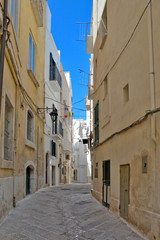 Fototapeta na wymiar A narrow street in the old town of Monopoli in the Puglia region, Italy.