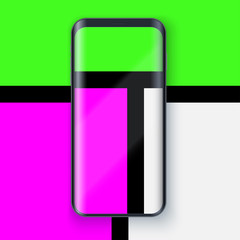 Smartphone layout presentation mockup in Mondrian style. Example frameless model mobile phone with touchscreen on art background. Project application mockup. Vector Illustration
