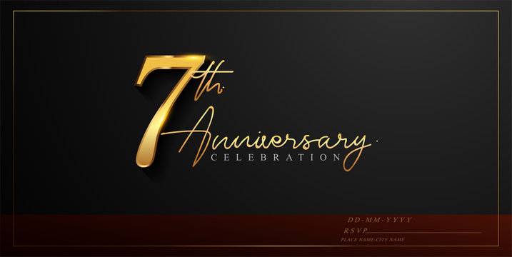 7th anniversary celebration logotype with handwriting golden color elegant design isolated on black background. vector anniversary for celebration, invitation card, and greeting card
