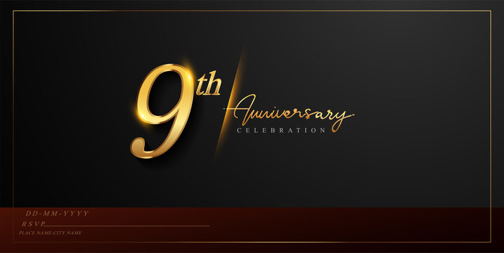9th anniversary celebration logotype with handwriting golden color elegant design isolated on black background. vector anniversary for celebration, invitation card, and greeting card