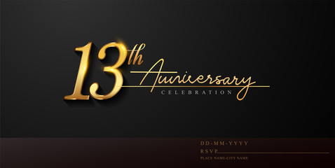 13th anniversary celebration logotype with handwriting golden color elegant design isolated on black background. vector anniversary for celebration, invitation card, and greeting card