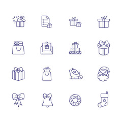 Christmas gifts line icon set. Santa Claus, sled, present box. Celebration concept. Can be used for topics like giving gifts, Xmas sale, shopping