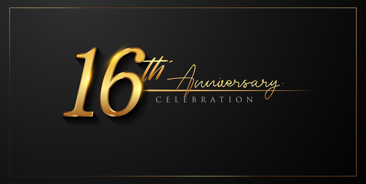 16th anniversary celebration logotype with handwriting golden color elegant design isolated on black background. vector anniversary for celebration, invitation card, and greeting card