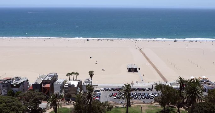 Lockdown shot of beach in city during summer - Santa Monica, California
