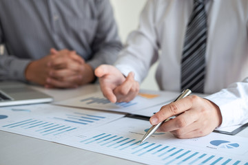 Business executive partner cooperation conference in investment ideas marketing planning and presentation finance project at meeting and strategy of business making to successful and growth profit