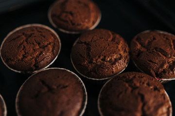 Chocolate muffins bakery. Brownie cupcakes on the baking pan. Baking at home, home bakery.