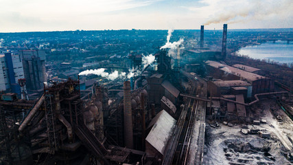 metallurgical production plant full cycle smoke from pipes bad ecology aerial photography