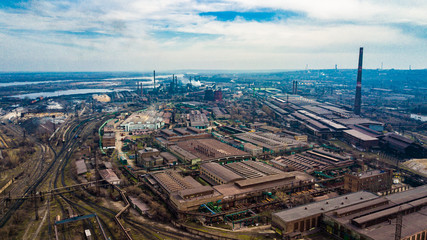 metallurgical production plant full cycle smoke from pipes bad ecology aerial photography