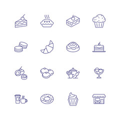 Sweet food icons. Set of line icons on white background. Cafeteria, teapot, pastry. Cafe concept. can be used for topics like food, menu, unhealthy eating