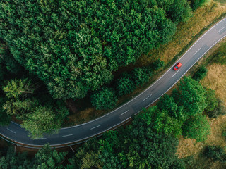 Luftaufnahme eines Autos auf einer Landstraße die durch einen Wald führt im Sommer
