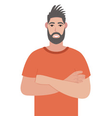 Fototapeta premium Bearded man in red T-shirt keeping arms crossed. Hipster standing with folded arms pose against. Vector illustration in cartoon style.