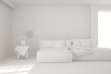 White minimalist living room with sofa. Scandinavian interior design. 3D illustration