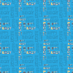 Seamless pattern with doodle cartoon lettering Happy BIRTHDay isolated on blue background. Illustration for print, textile, fabric, decor, greeting cards.