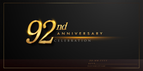 92nd anniversary celebration logotype with handwriting golden color elegant design isolated on black background. vector anniversary for celebration, invitation card, and greeting card